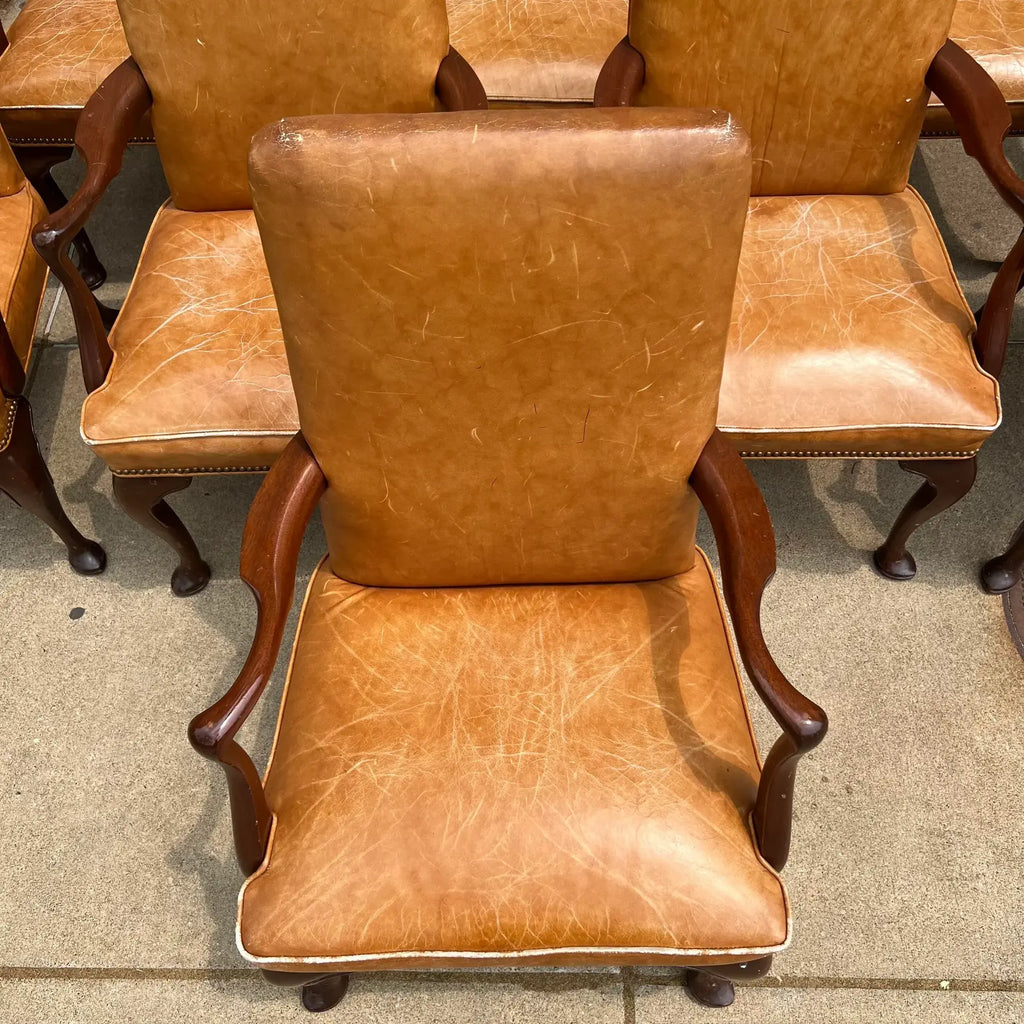 10 Antique Leather and Wood Arm Chairs Dining Conference Desk
