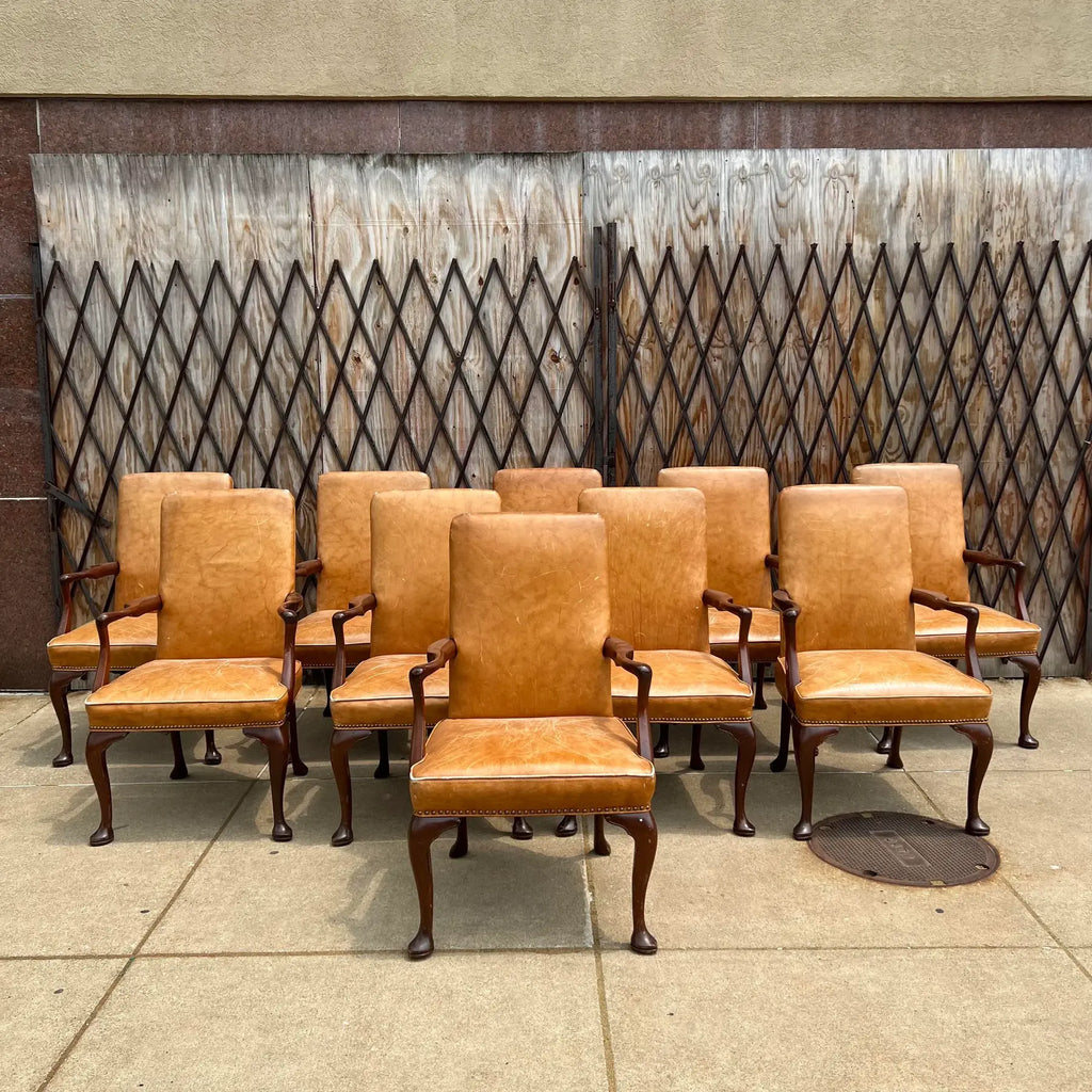 10 Antique Leather and Wood Arm Chairs Dining Conference Desk