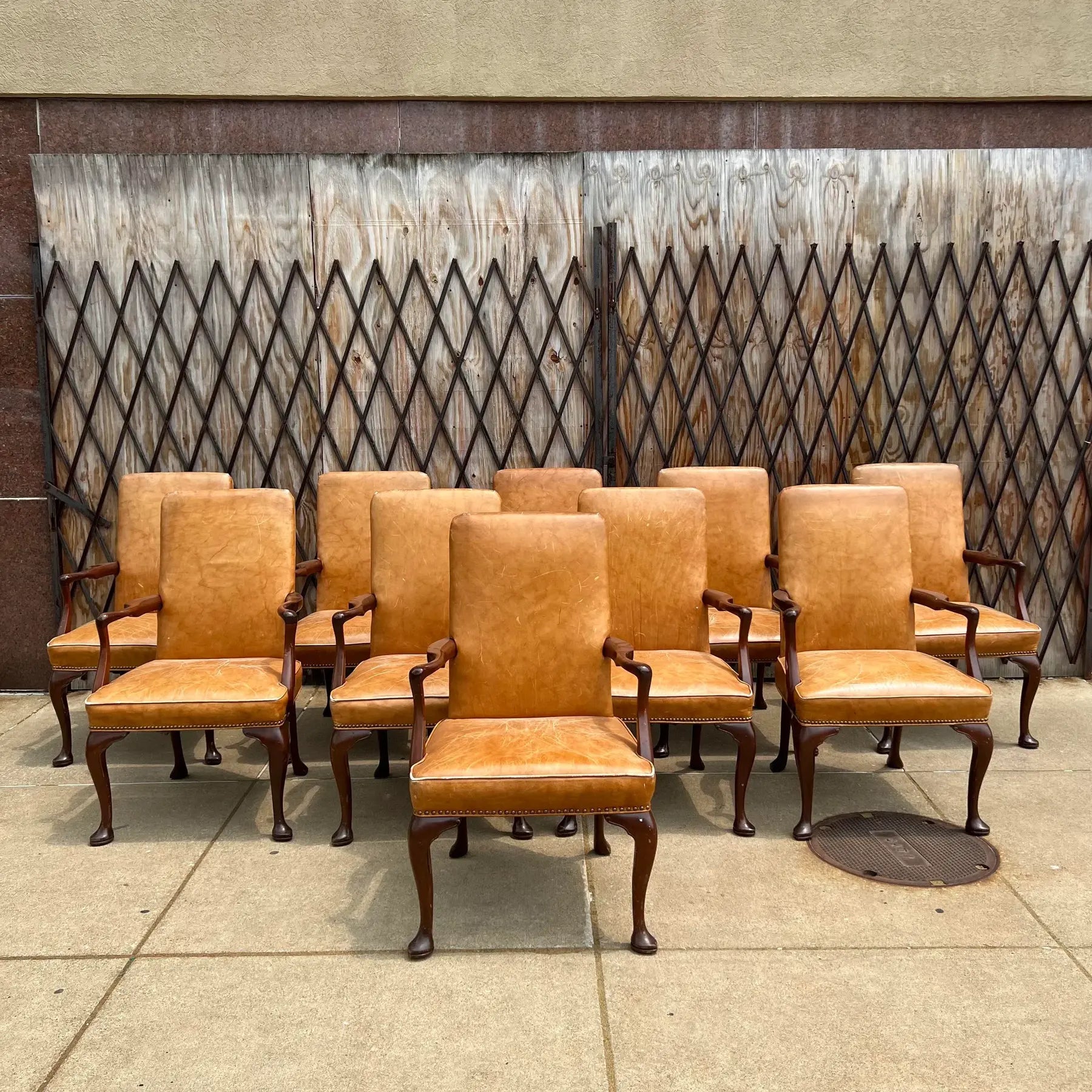 10 Antique Leather and Wood Arm Chairs Dining Conference Desk