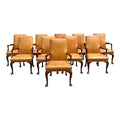 10 Antique Leather and Wood Arm Chairs Dining Conference Desk