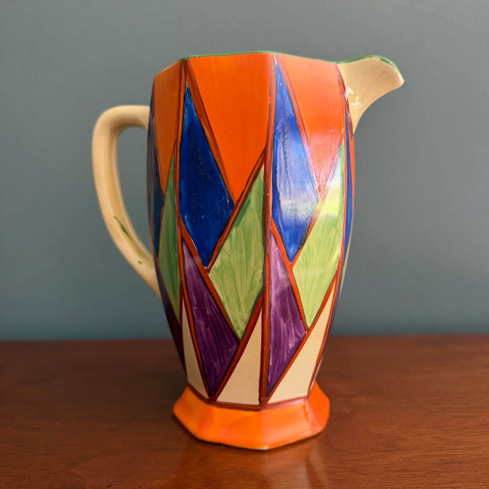 1929 Clarice Cliff Original Bizarre Athens Jug – Blue, Orange & Green Geometric