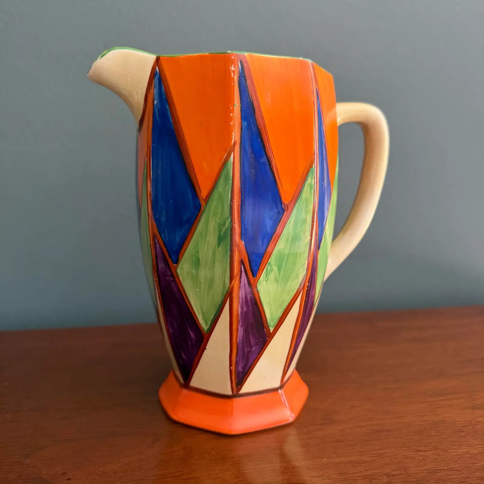 1929 Clarice Cliff Original Bizarre Athens Jug – Blue, Orange & Green Geometric