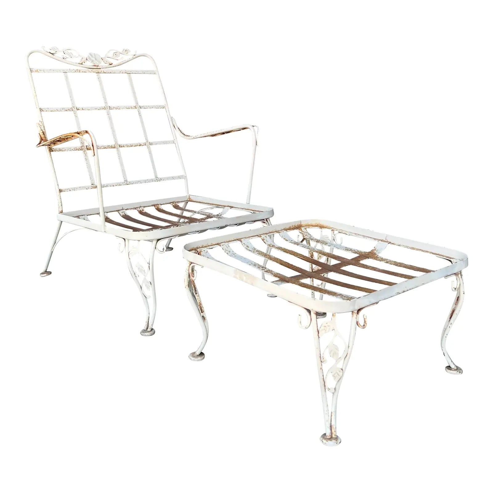 1950s Woodard Lounge Chair and Ottoman Chantilly Rose Pattern Wrought Iron Chair & Ottoman, Attributed