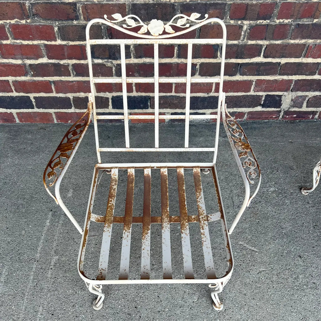 1950s Woodard Lounge Chair and Ottoman Chantilly Rose Pattern Wrought Iron Chair & Ottoman, Attributed