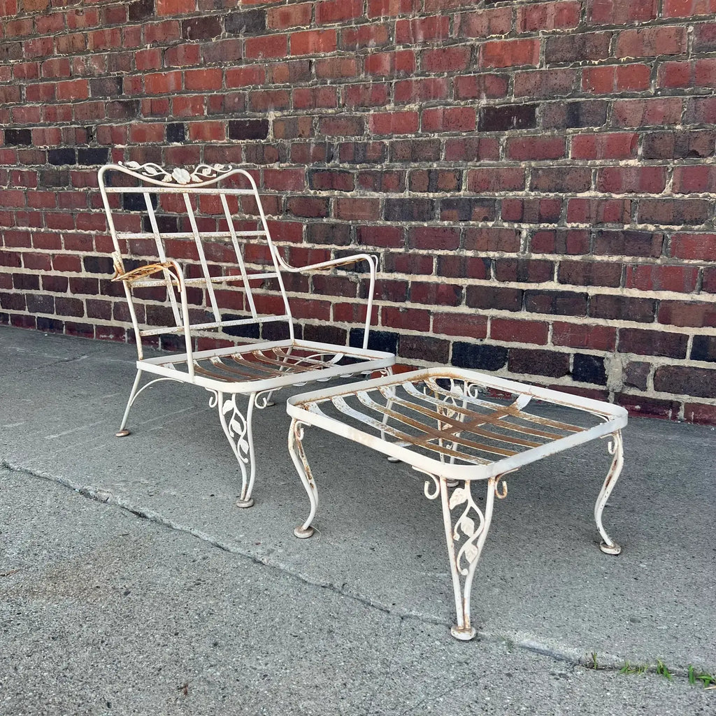 1950s Woodard Lounge Chair and Ottoman Chantilly Rose Pattern Wrought Iron Chair & Ottoman, Attributed