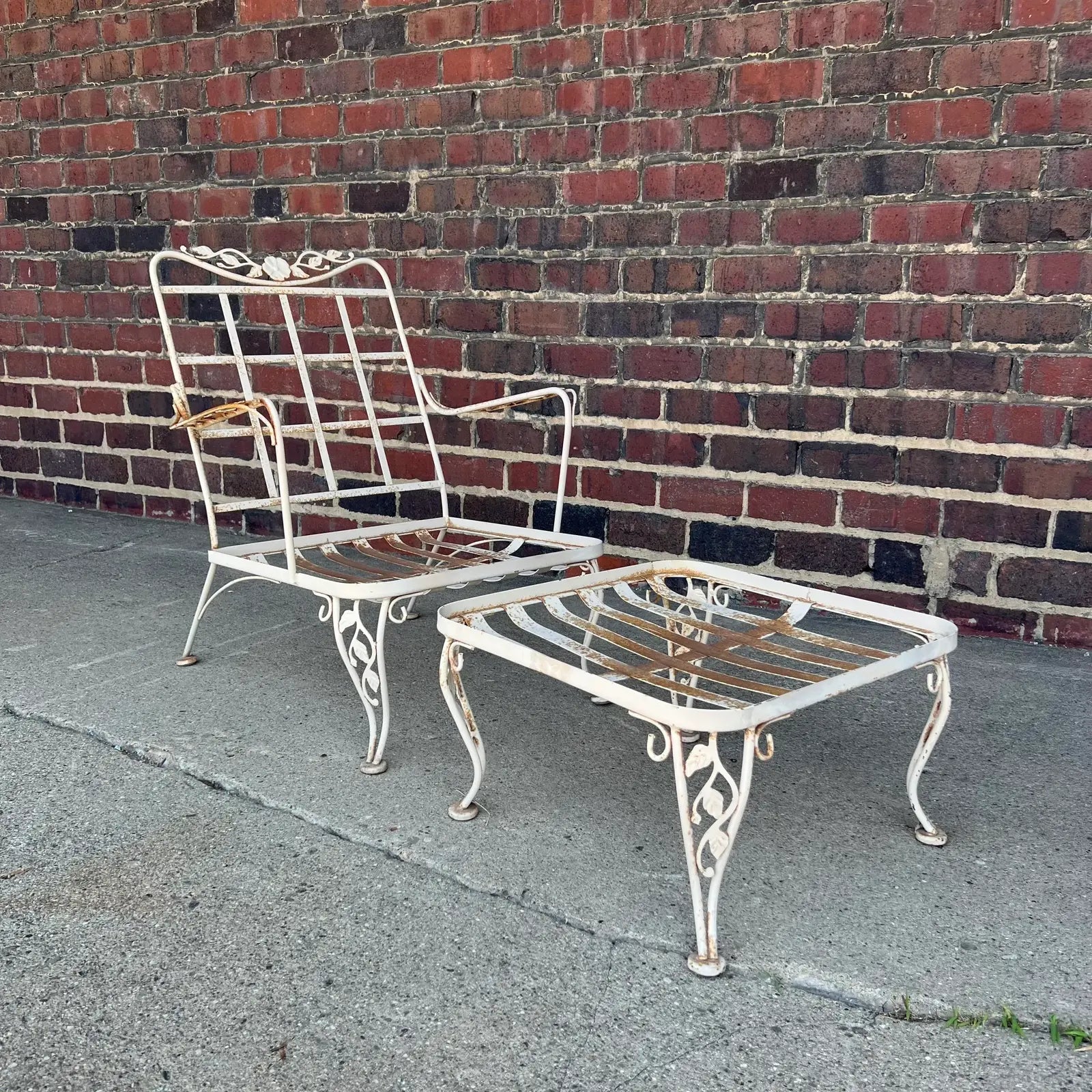 1950s Woodard Lounge Chair and Ottoman Chantilly Rose Pattern Wrought Iron Chair & Ottoman, Attributed