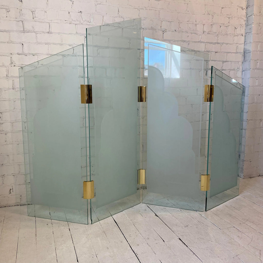 1970s Art Deco Style Glass Divider Sandblasted Glass With Brass Hardware