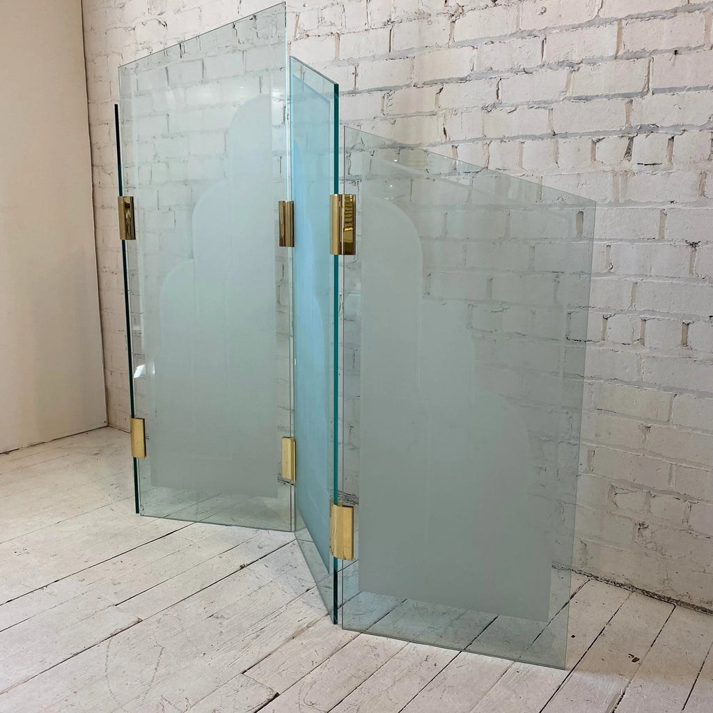 1970s Art Deco Style Glass Divider Sandblasted Glass With Brass Hardware