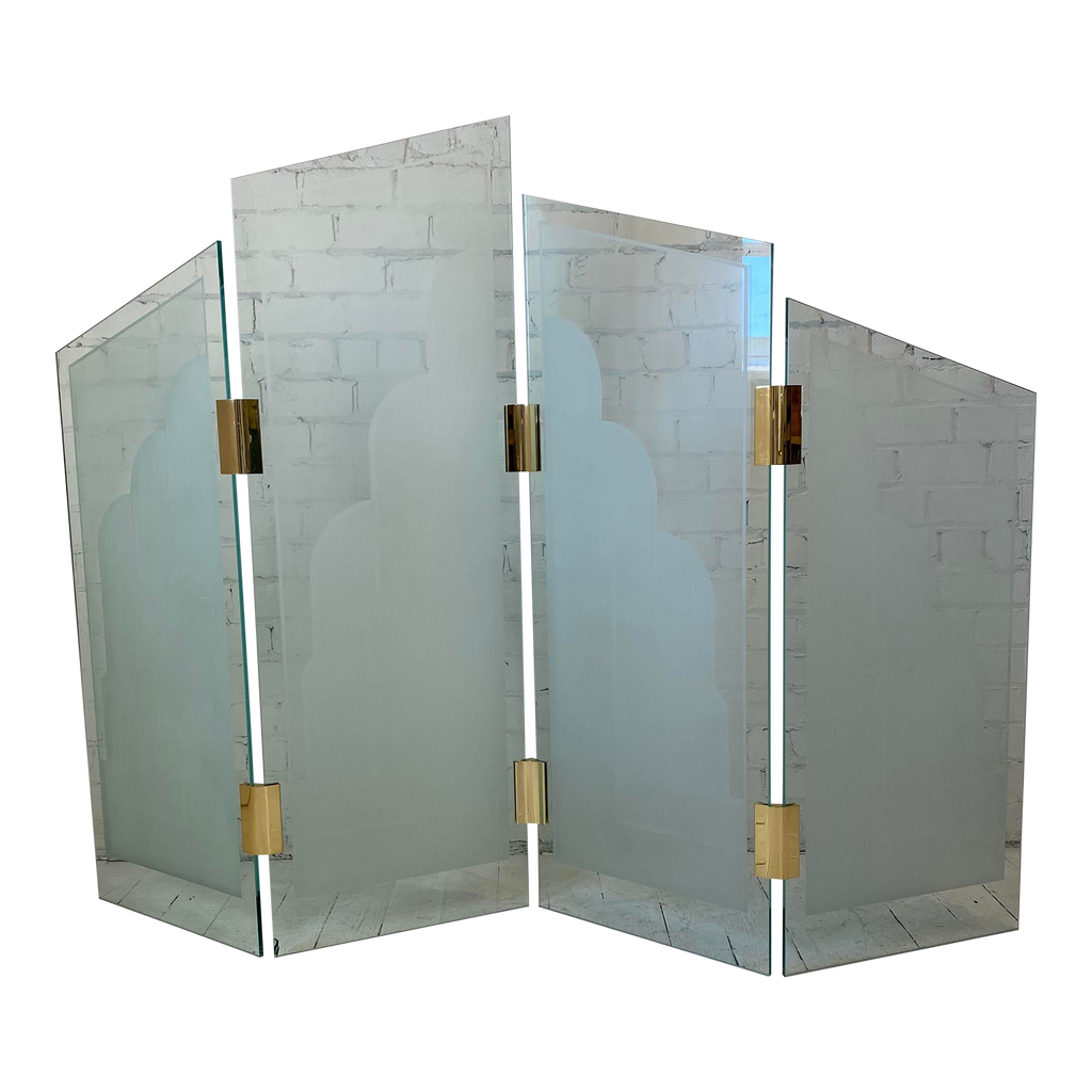 1970s Art Deco Style Glass Divider Sandblasted Glass With Brass Hardware