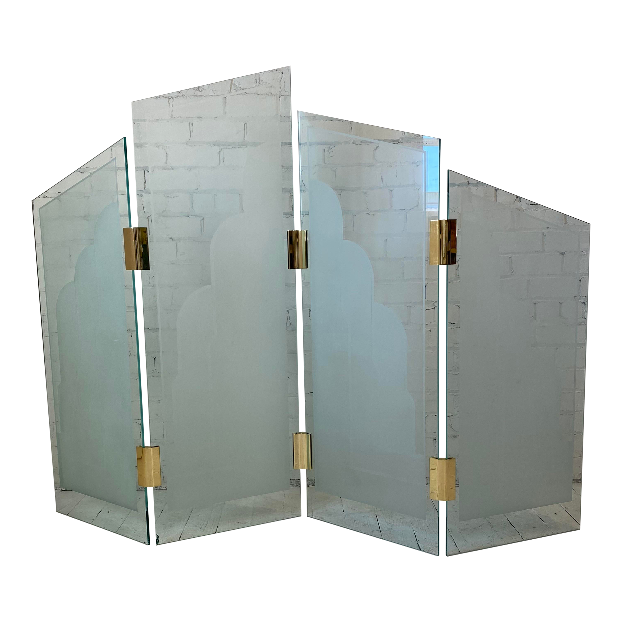 1970s Art Deco Style Glass Divider Sandblasted Glass With Brass Hardware