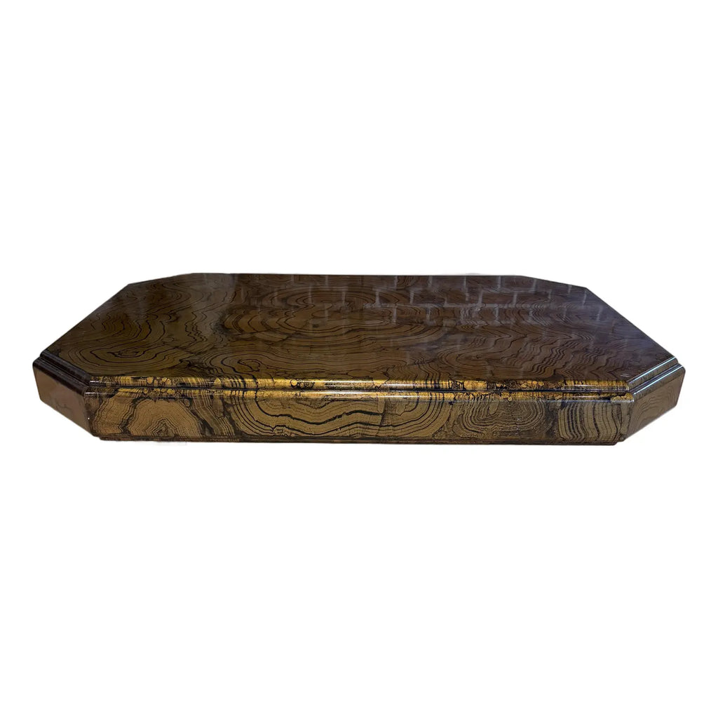 1970s Large Brass and Woodgrain Lacquer Coffee Table