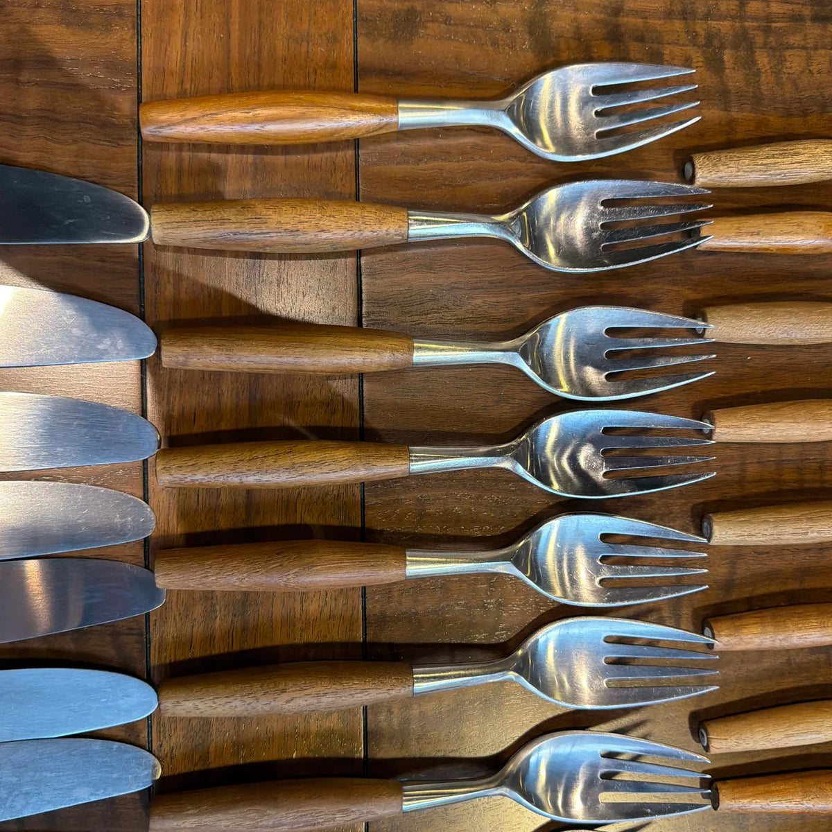 1970s Mid-Century Modern Dansk Wood Accent Flatware – Jens Quistgaard De – Teak & Stainless -92 Pieces