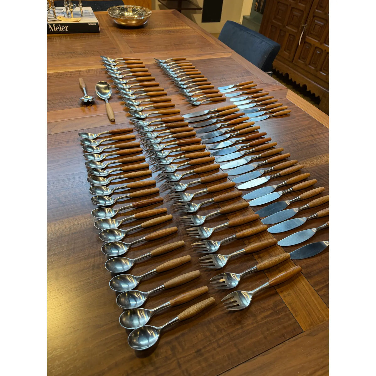 1970s Mid-Century Modern Dansk Wood Accent Flatware – Jens Quistgaard De – Teak & Stainless -92 Pieces