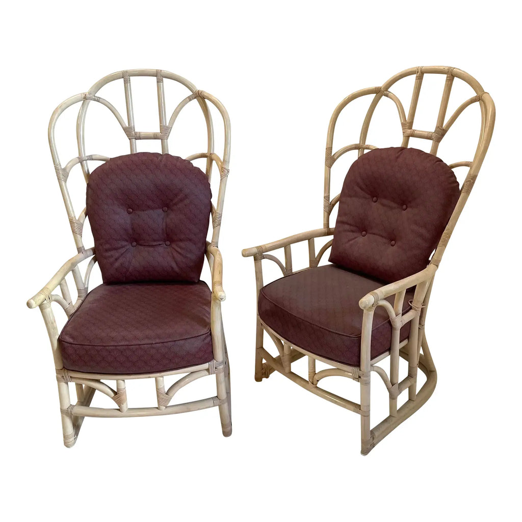1970s Vintage Tall Back Bamboo Wing Chairs - a Pair