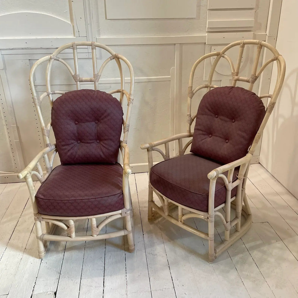 1970s Vintage Tall Back Bamboo Wing Chairs - a Pair