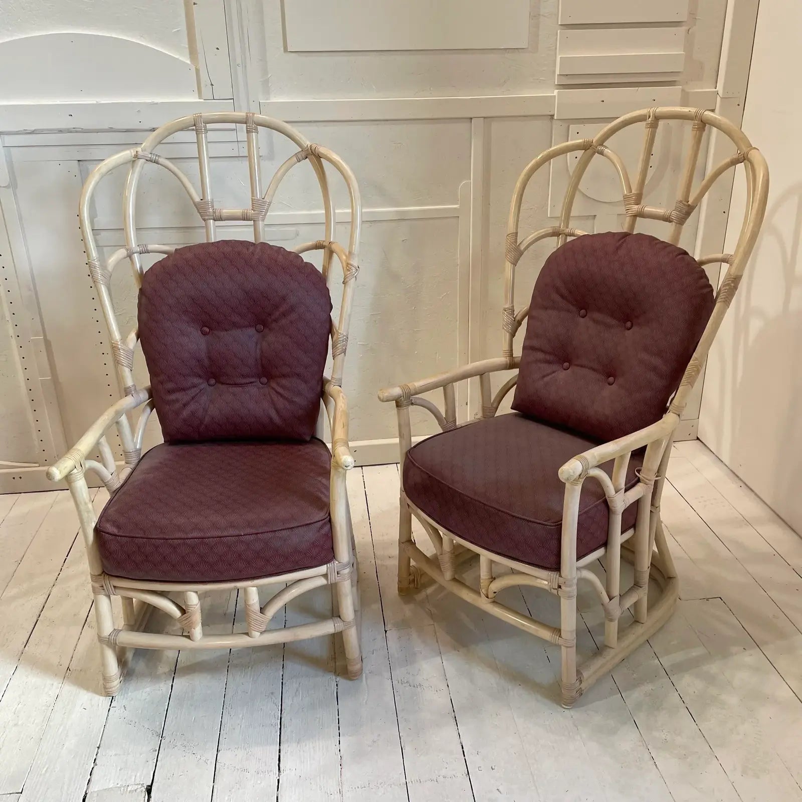 1970s Vintage Tall Back Bamboo Wing Chairs - a Pair
