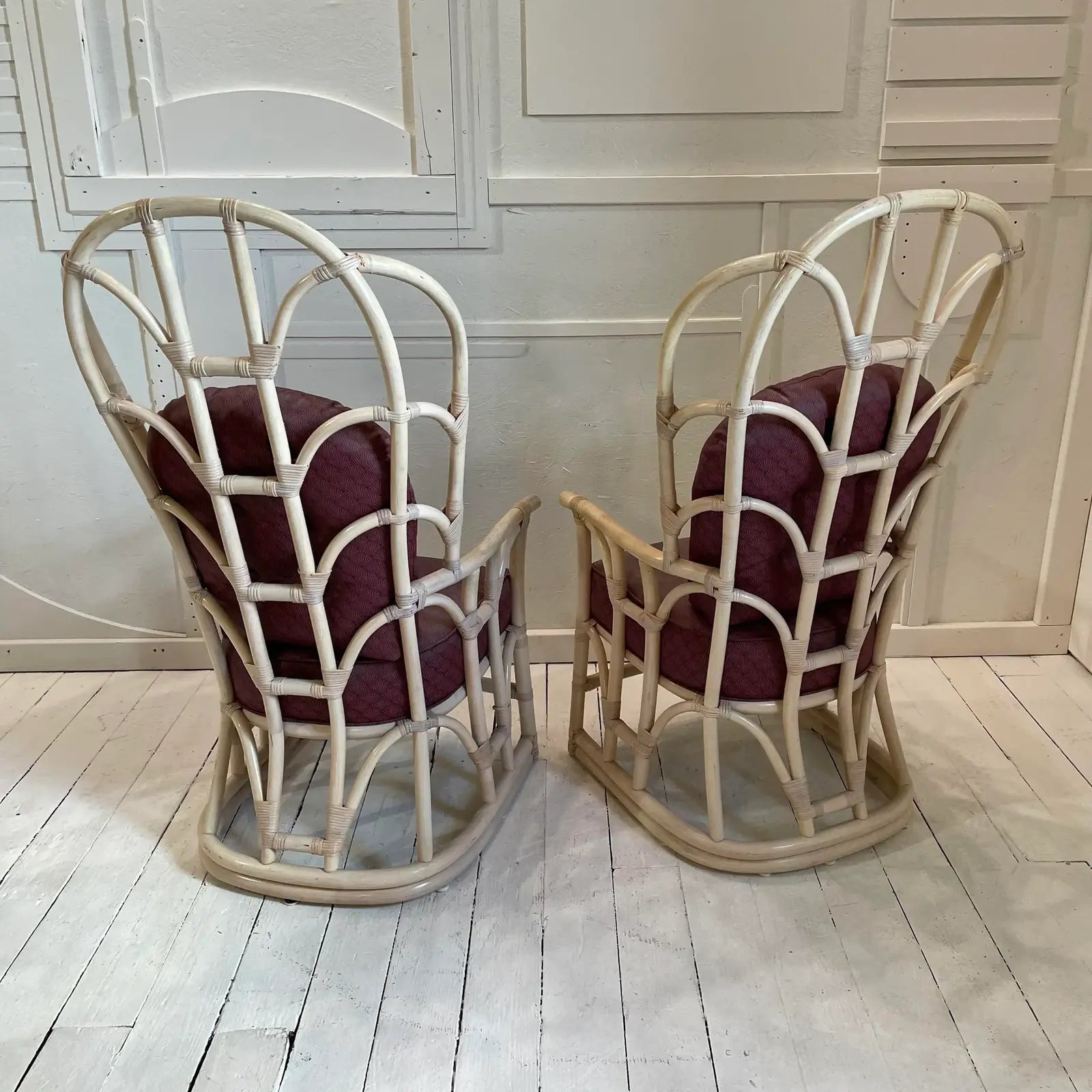 1970s Vintage Tall Back Bamboo Wing Chairs - a Pair