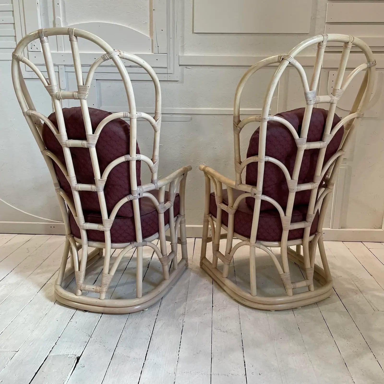 1970s Vintage Tall Back Bamboo Wing Chairs - a Pair