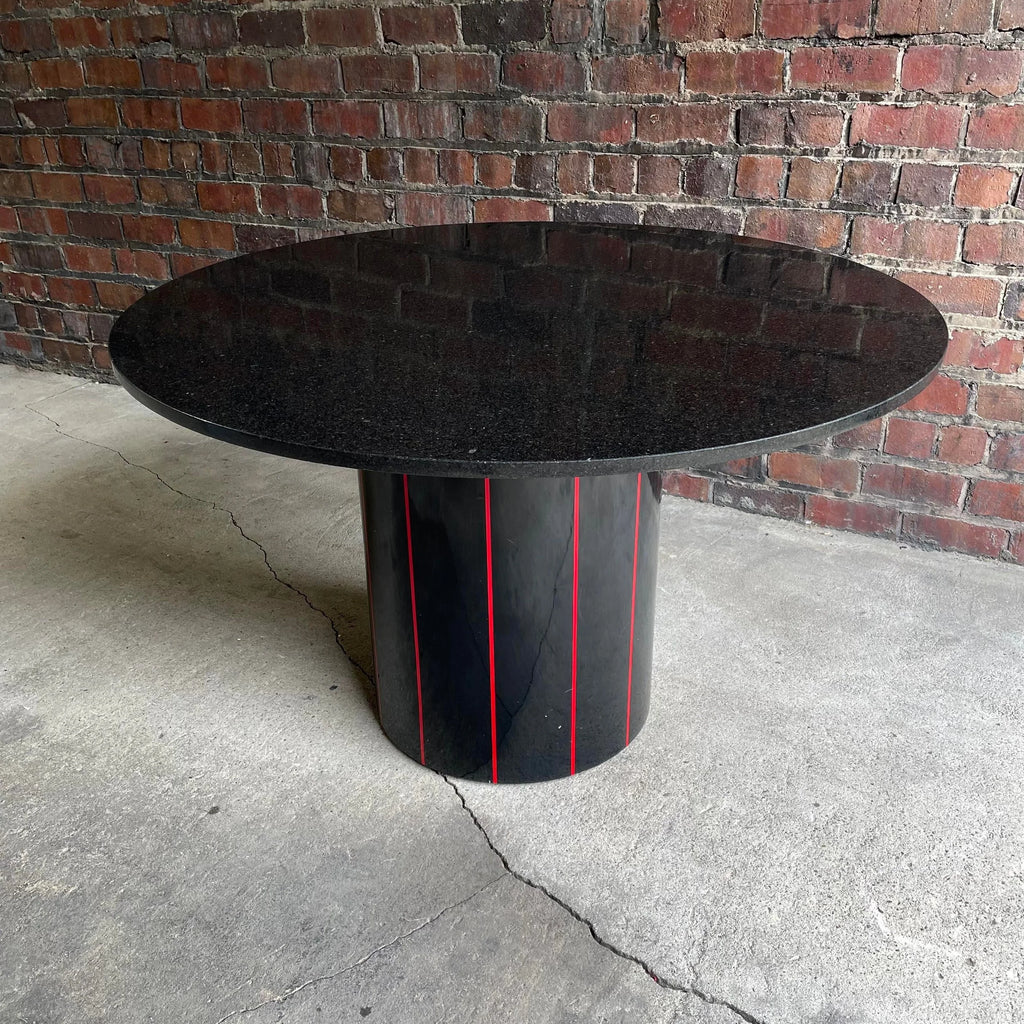 1980s Black Round Stone Table Top With Red Strips on Black Laminate Base Round