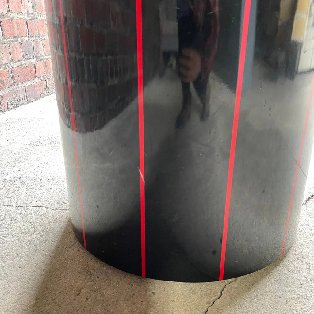 1980s Black Round Stone Table Top With Red Strips on Black Laminate Base Round