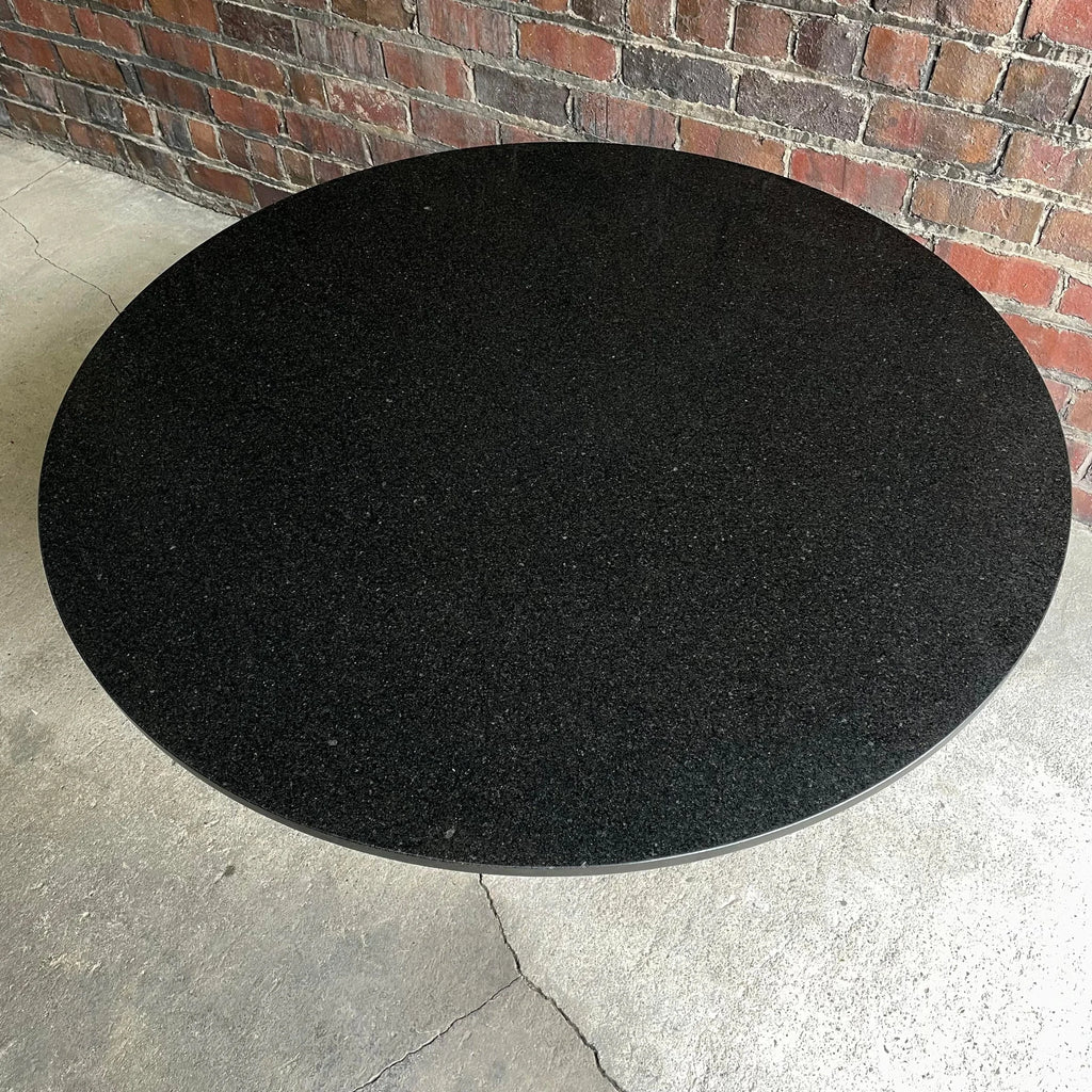1980s Black Round Stone Table Top With Red Strips on Black Laminate Base Round
