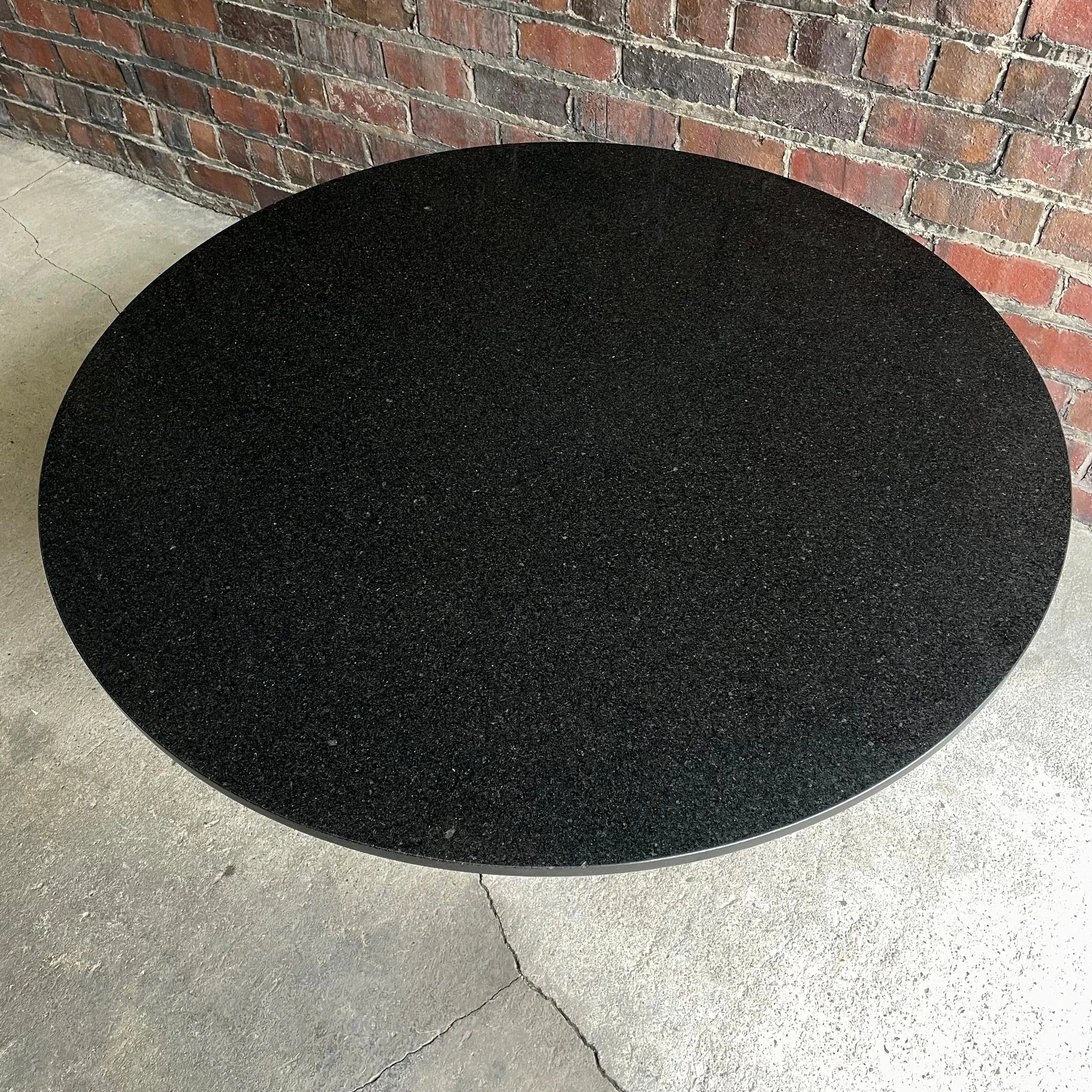 1980s Black Round Stone Table Top With Red Strips on Black Laminate Base Round