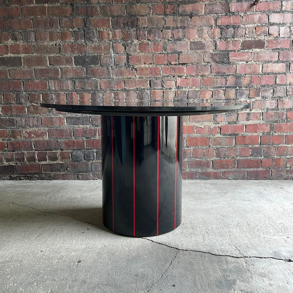 1980s Black Round Stone Table Top With Red Strips on Black Laminate Base Round