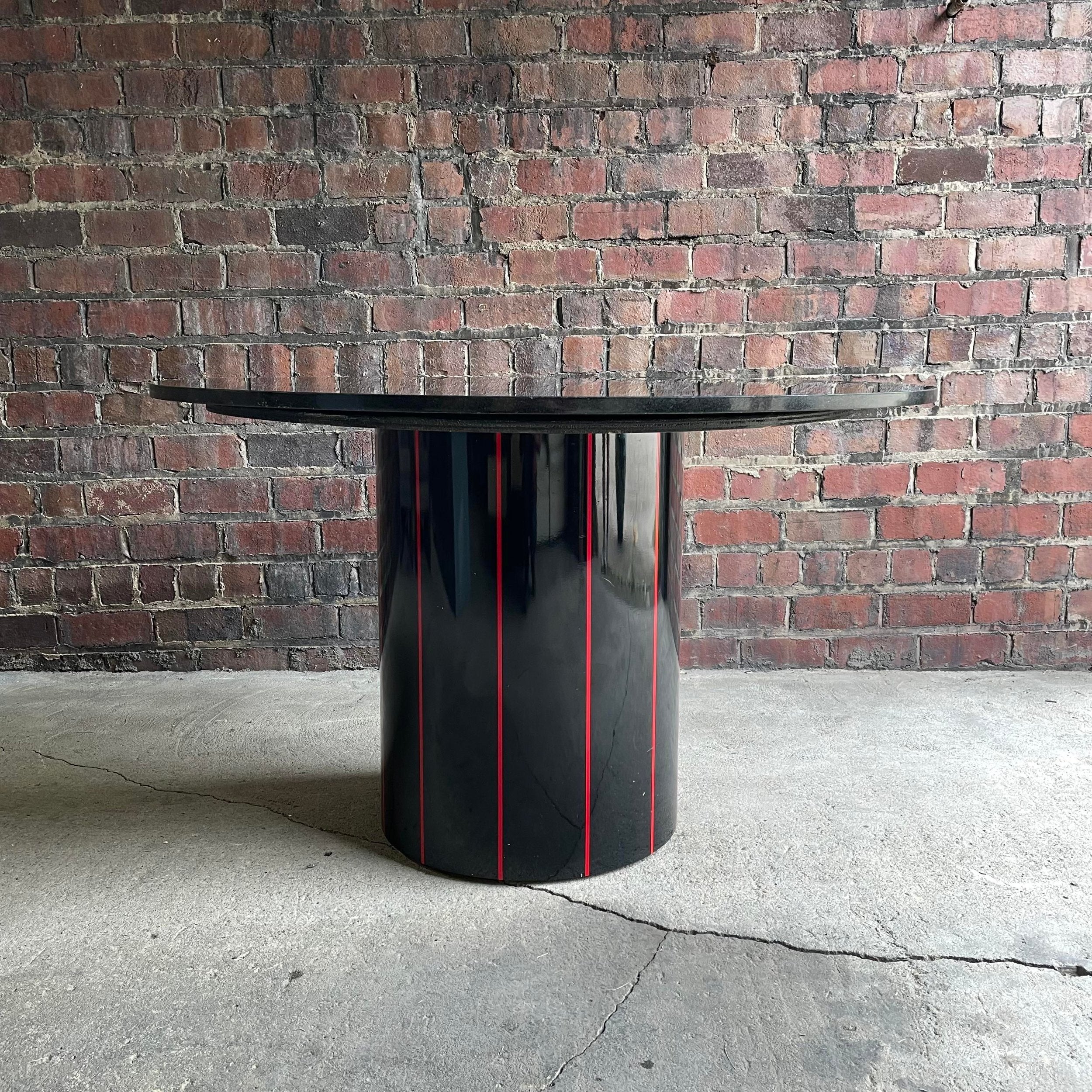1980s Black Round Stone Table Top With Red Strips on Black Laminate Base Round