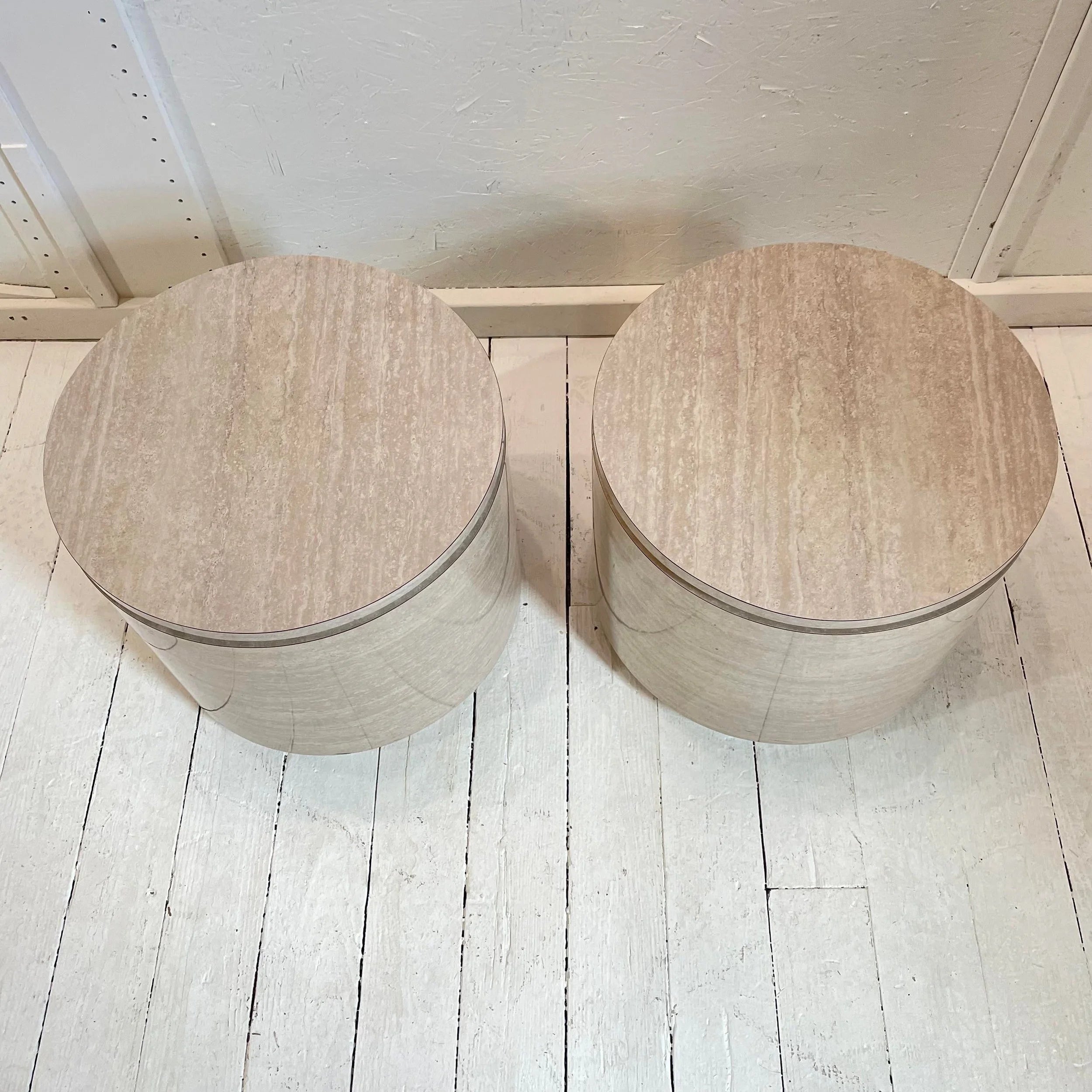 1980s Travertine Laminate Drum Side Tables With Chrome Trim - a Pair