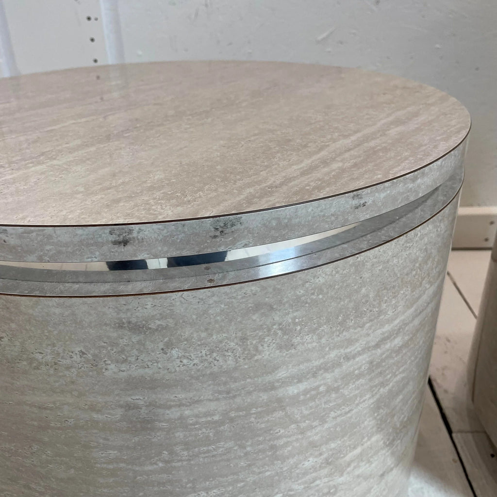 1980s Travertine Laminate Drum Side Tables With Chrome Trim - a Pair