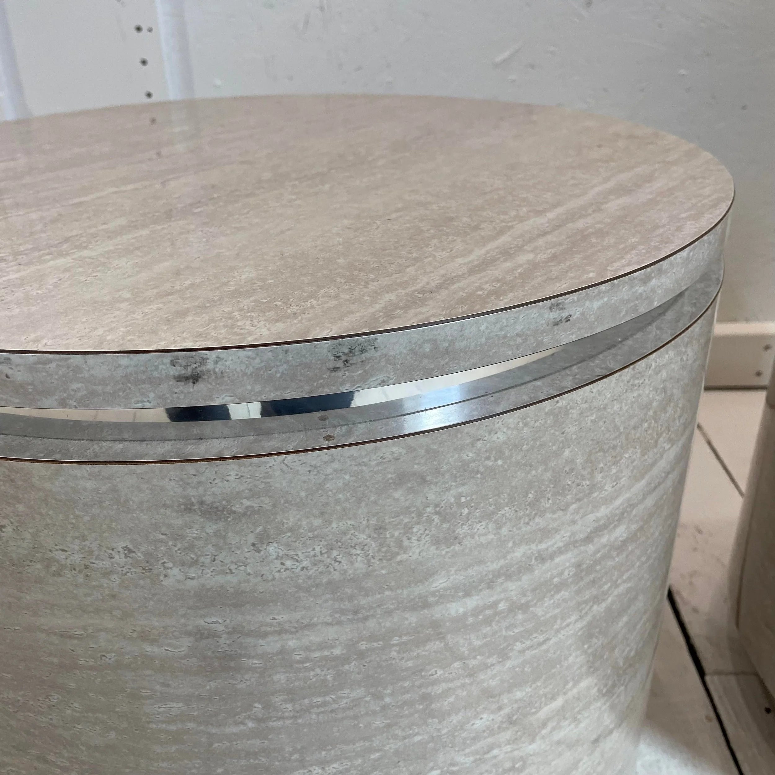 1980s Travertine Laminate Drum Side Tables With Chrome Trim - a Pair