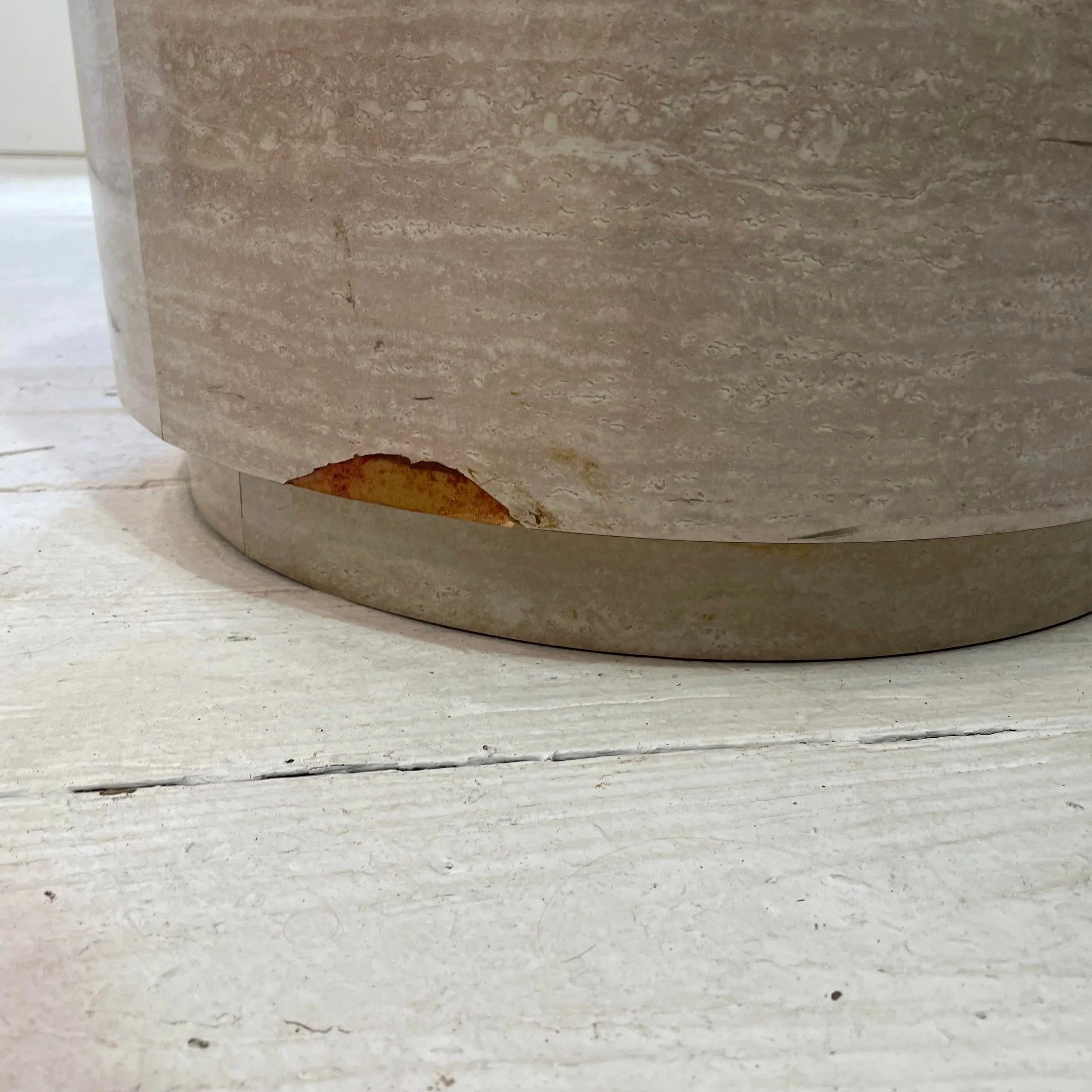 1980s Travertine Laminate Drum Side Tables With Chrome Trim - a Pair