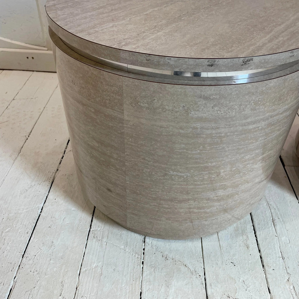 1980s Travertine Laminate Drum Side Tables With Chrome Trim - a Pair
