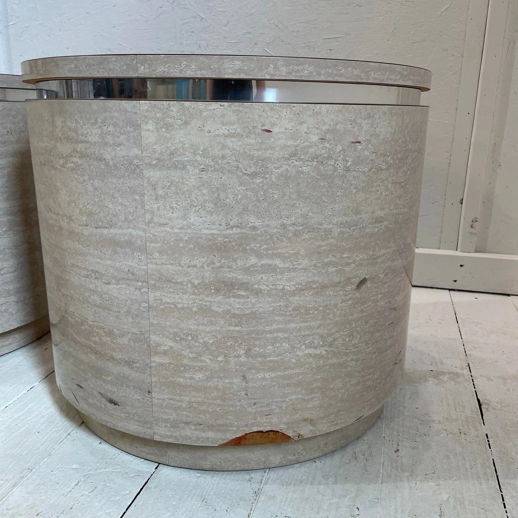 1980s Travertine Laminate Drum Side Tables With Chrome Trim - a Pair