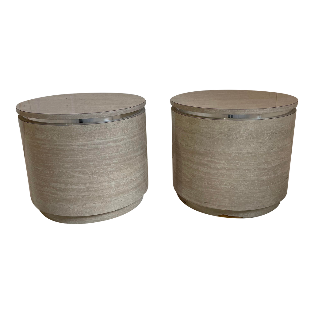1980s Travertine Laminate Drum Side Tables With Chrome Trim - a Pair