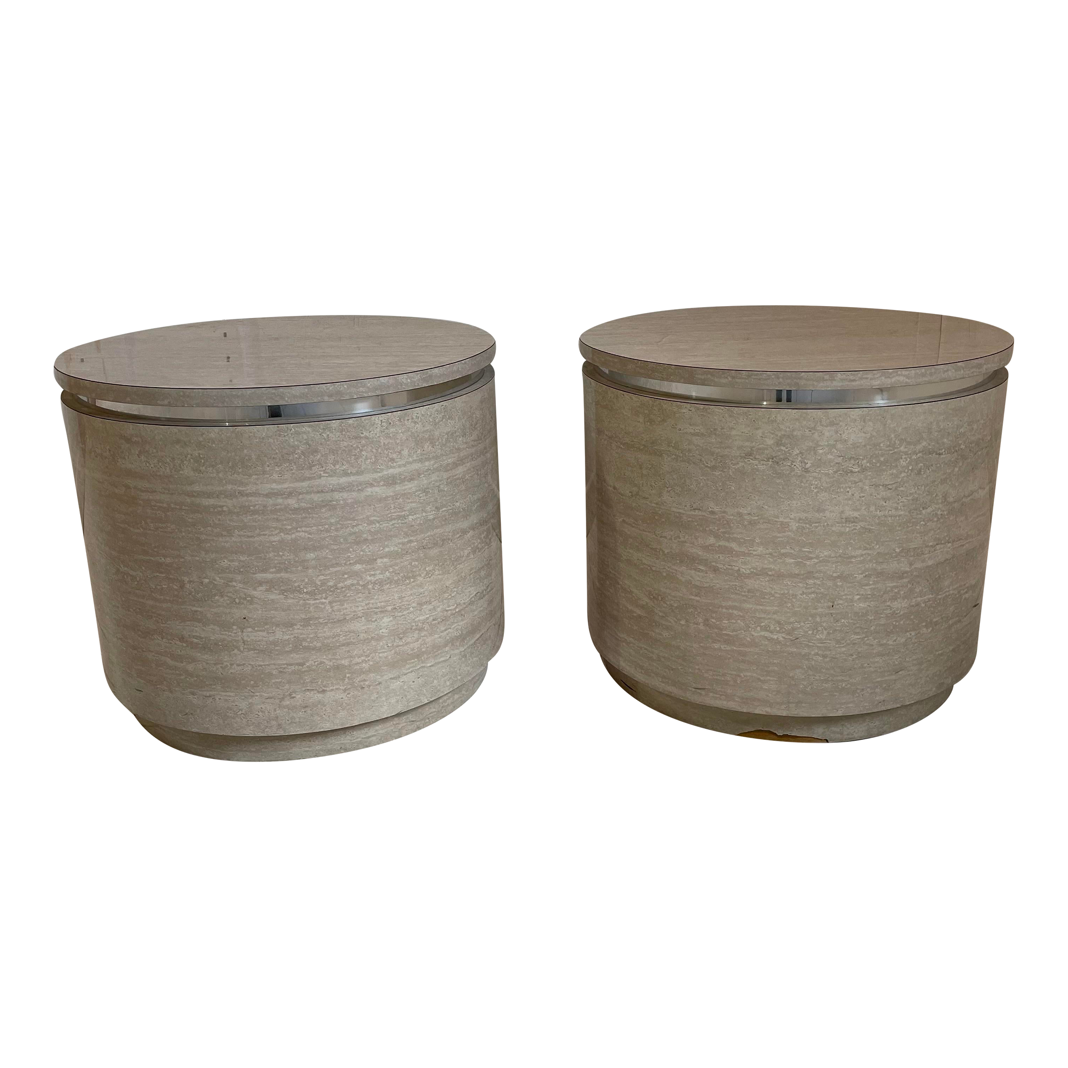 1980s Travertine Laminate Drum Side Tables With Chrome Trim - a Pair