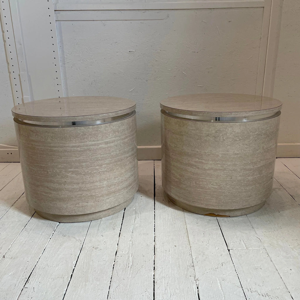 1980s Travertine Laminate Drum Side Tables With Chrome Trim - a Pair