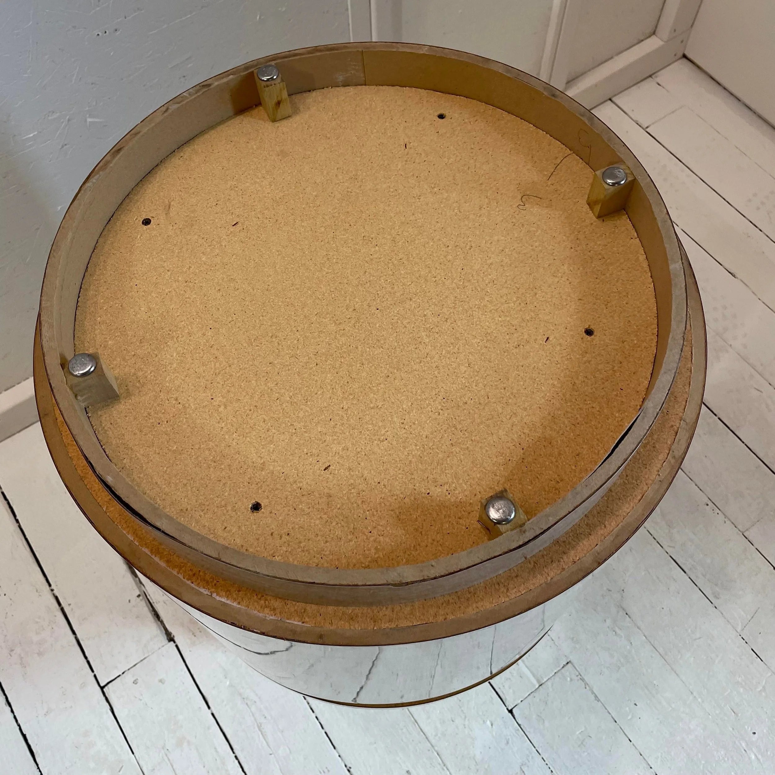 1980s Travertine Laminate Drum Side Tables With Chrome Trim - a Pair