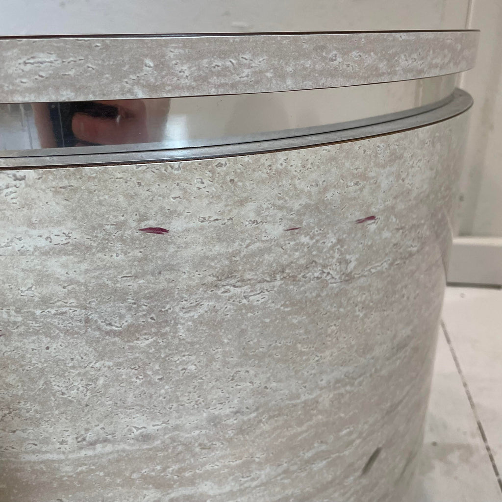 1980s Travertine Laminate Drum Side Tables With Chrome Trim - a Pair