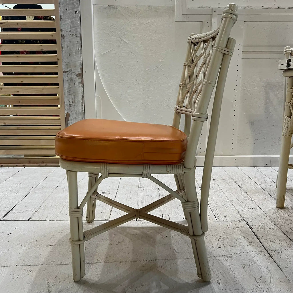 1980s White Rattan Bamboo Table and Chair Set with Flip Top to Expand From Game Size to Dining Table - Set of 5