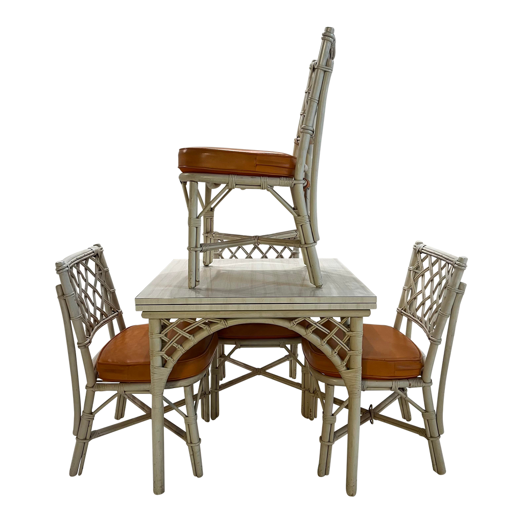 1980s White Rattan Bamboo Flip Top Extendable Game Table Set
