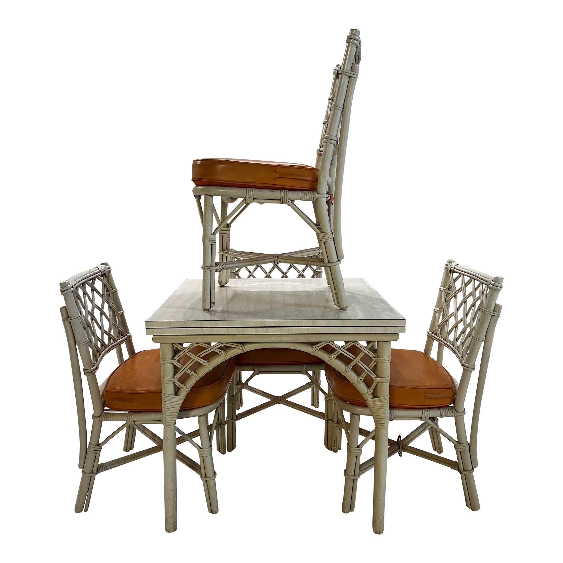 1980s White Rattan Bamboo Flip Top Extendable Game Table Set