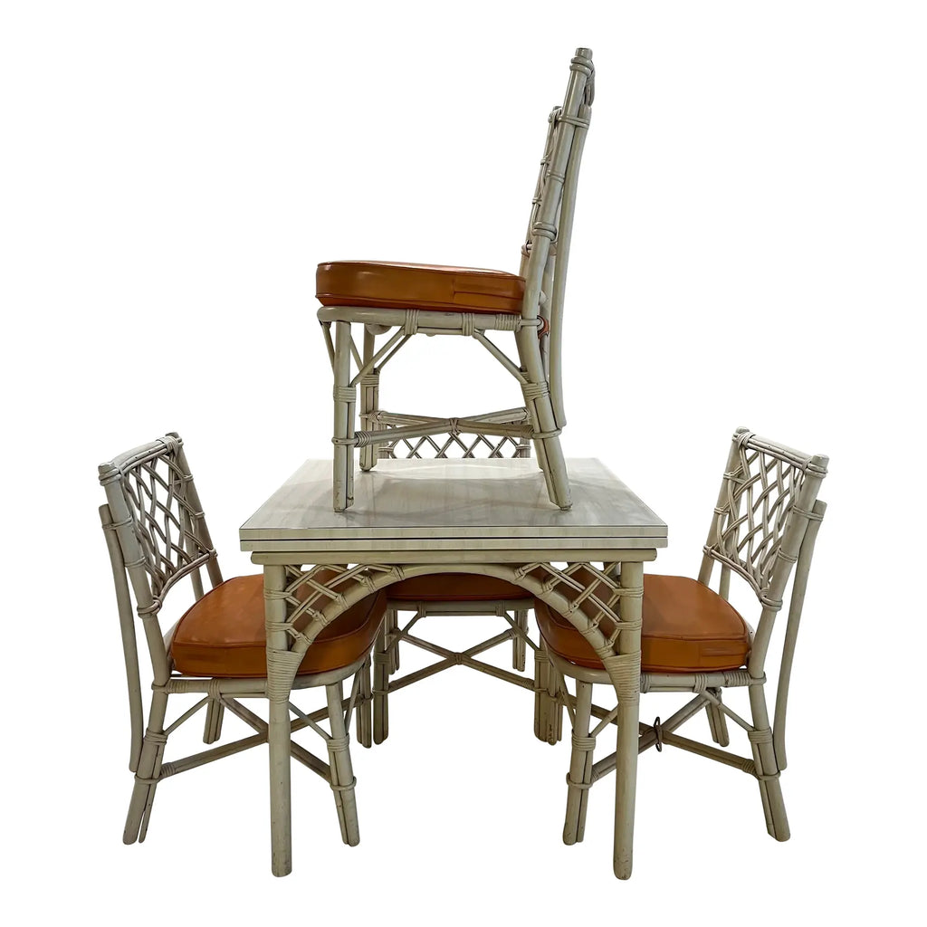 1980s White Rattan Bamboo Table and Chair Set with Flip Top to Expand From Game Size to Dining Table - Set of 5