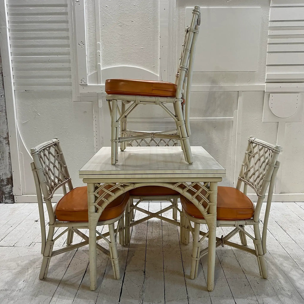 1980s White Rattan Bamboo Table and Chair Set with Flip Top to Expand From Game Size to Dining Table - Set of 5