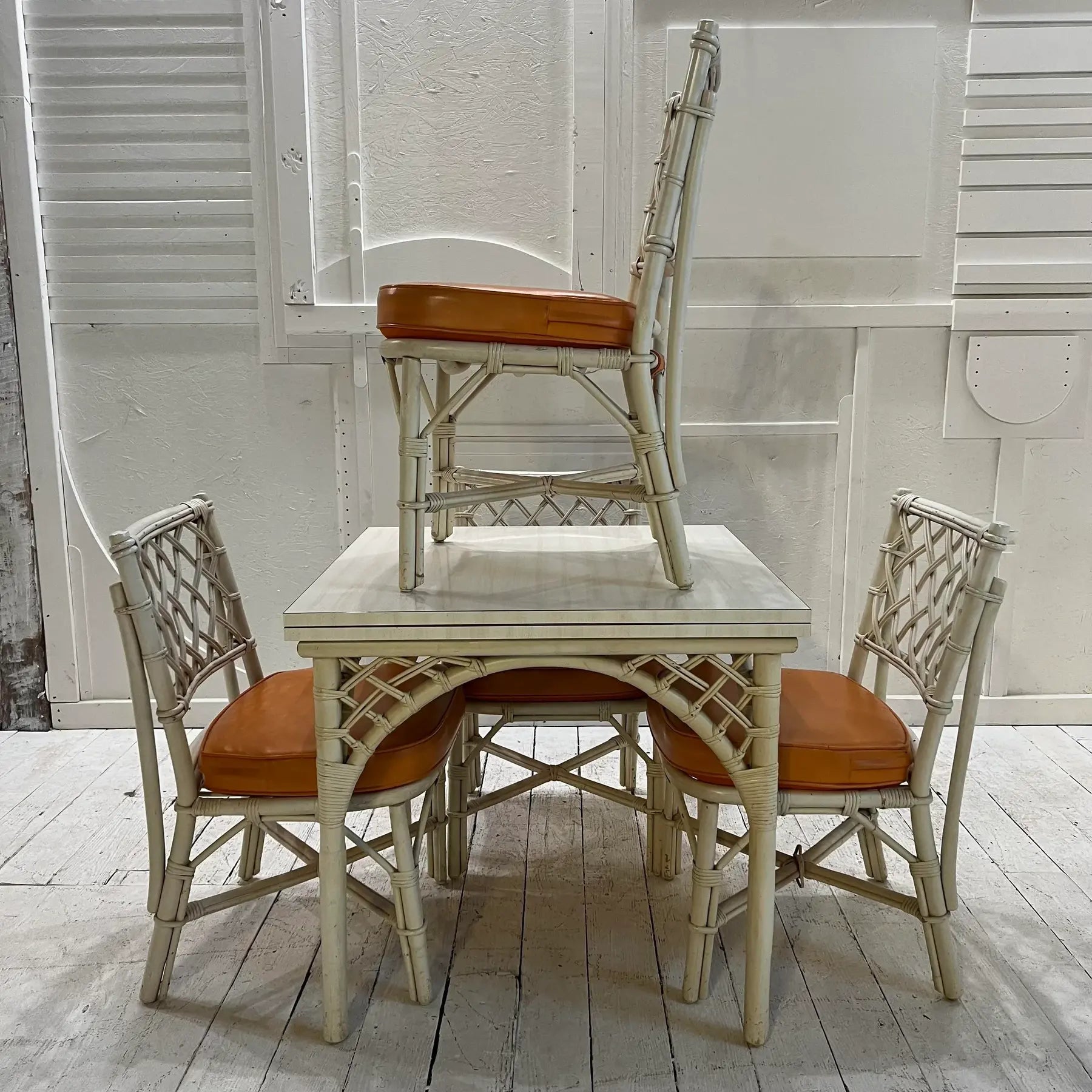 1980s White Rattan Bamboo Table and Chair Set with Flip Top to Expand From Game Size to Dining Table - Set of 5