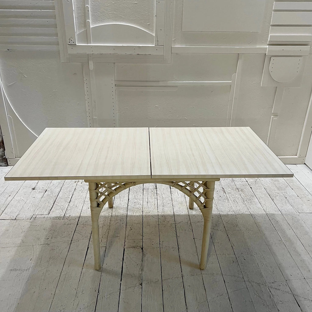 1980s White Rattan Bamboo Flip Top Extendable Game Table Set