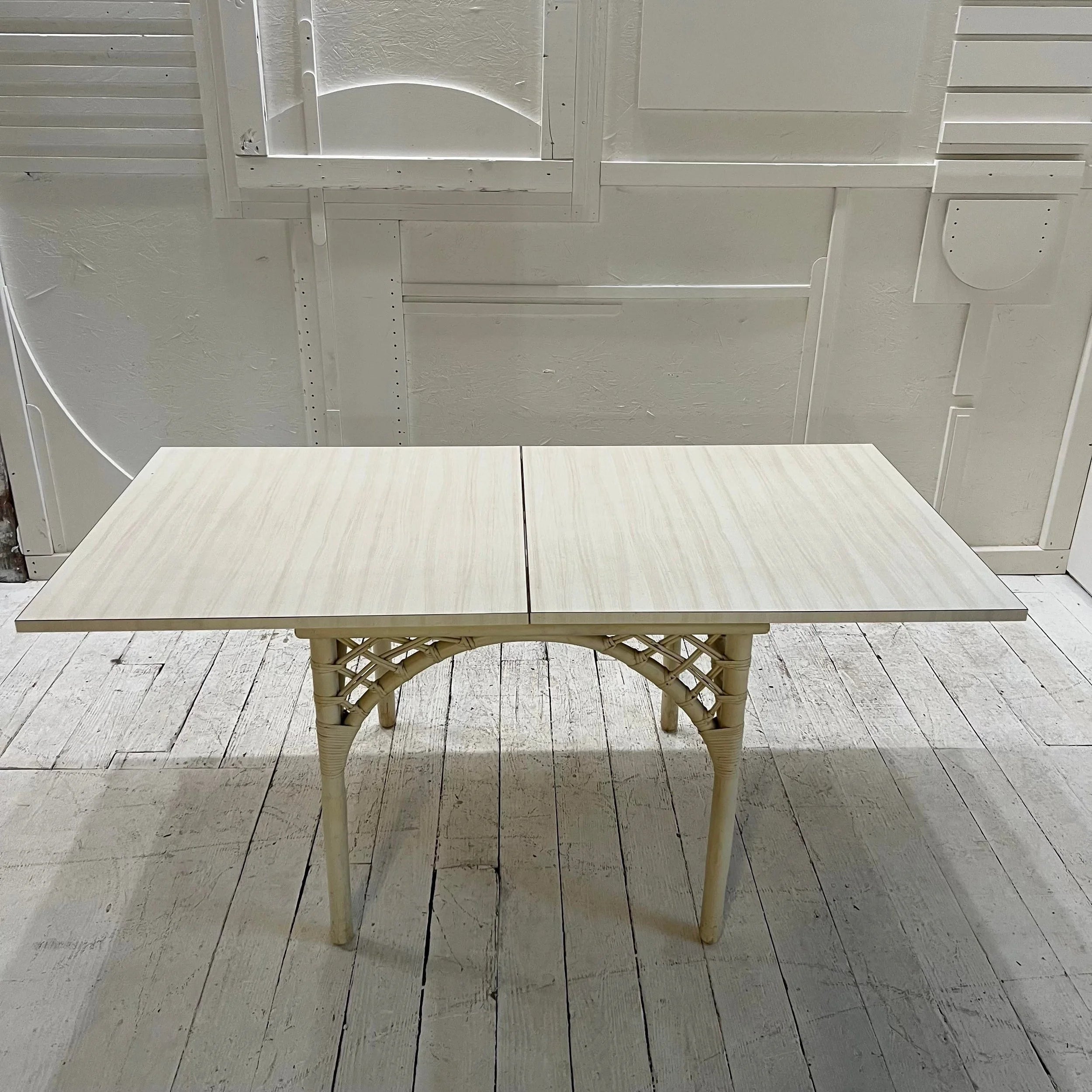 1980s White Rattan Bamboo Flip Top Extendable Game Table Set