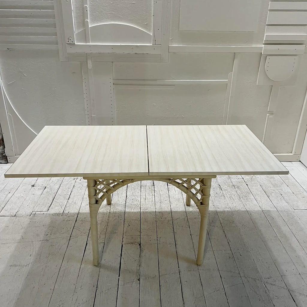 1980s White Rattan Bamboo Table and Chair Set with Flip Top to Expand From Game Size to Dining Table - Set of 5