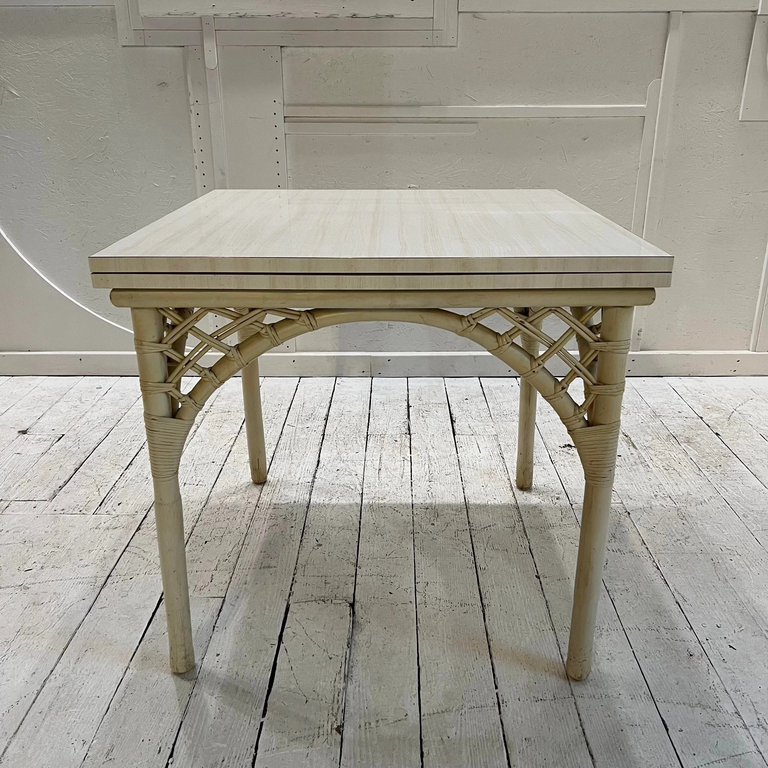 1980s White Rattan Bamboo Flip Top Extendable Game Table Set
