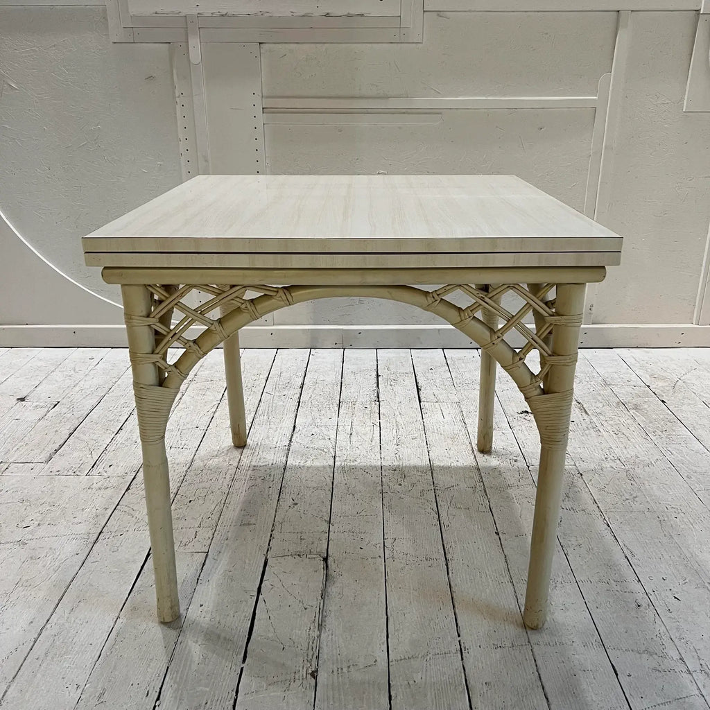 1980s White Rattan Bamboo Table and Chair Set with Flip Top to Expand From Game Size to Dining Table - Set of 5